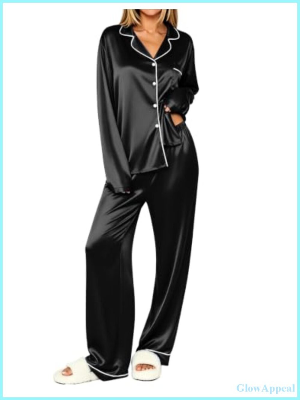 Ekouaer Satin Button Down Pajama Lounge Set Long Sleeve Pants Two Piece